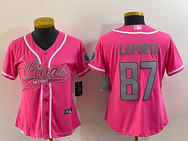 Women's Detroit Lions #87 Sam LaPorta Pink With Patch Cool Base Stitched Baseball Jersey(Run Small) Women's Detroit Lions #87 Sam LaPorta Pink With Patch Cool Base Stitched Baseball Jersey(Run Small)